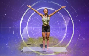 A woman practicing yoga, likely in a park or outdoor space.