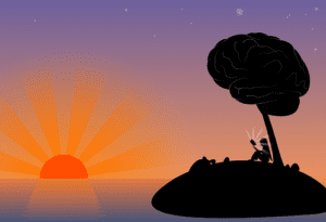 illustration of person reading on an island
