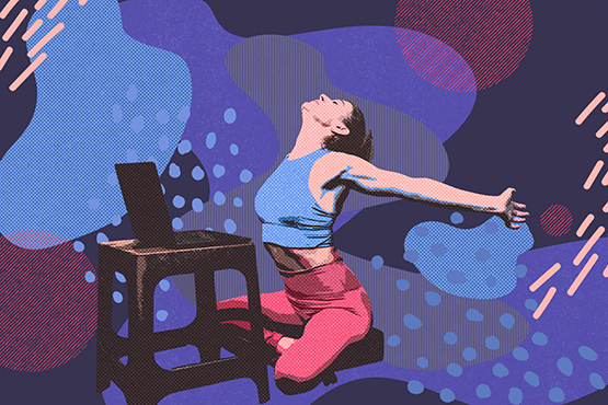 A woman sits on a chair, arms outstretched, conveying a sense of openness and welcome in her posture.