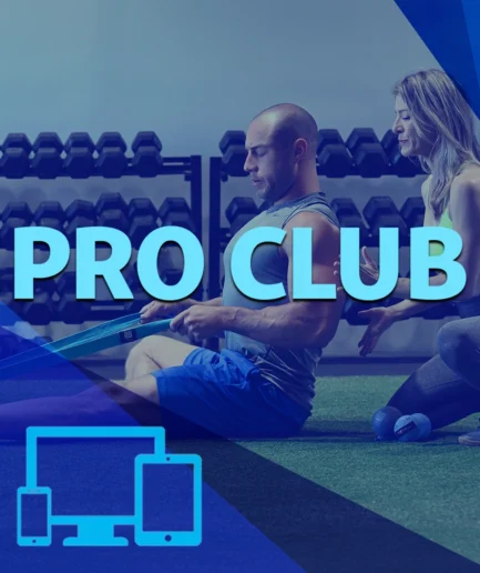Pro Club subscription with a fitness trainer assisting a client using resistance bands, set in a gym environment.