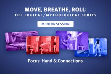 Navy graphic for "MOVE, BREATHE, ROLL" mentor session with stills and button.