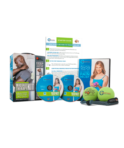 A lineup of three distinct Yoga Tune Up therapy kits, including two different retail-boxed kits and the ALPHA Twin Ball Set in its mesh tote