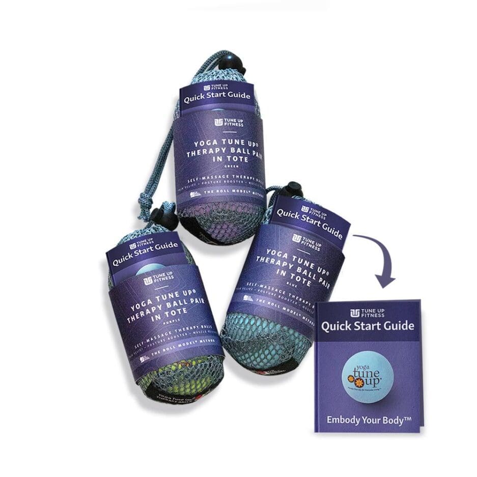 Three mesh drawstring bags containing yoga therapy balls, along with a "Quick Start Guide" booklet, arranged as promotional materials for the product.