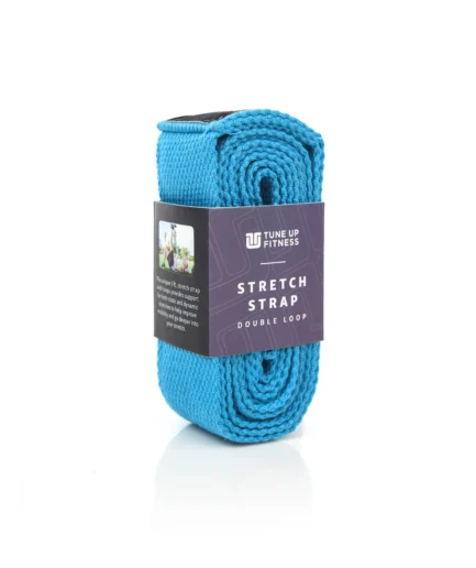 A bright blue stretch strap from Tune Up Fitness, rolled and secured with a cardboard retail label
