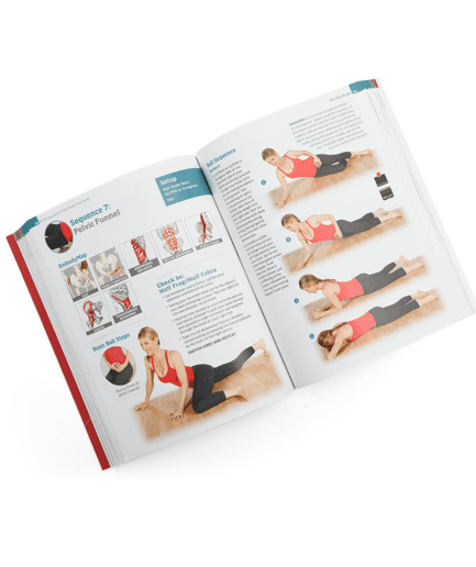 An open fitness guide showing a two-page spread of step-by-step exercise instructions with photographs
