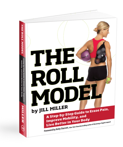 [PHOTO] Book Cover of The Roll Model by Jill Miller Woman stands with Roll Model Therapy Balls in travel tote.