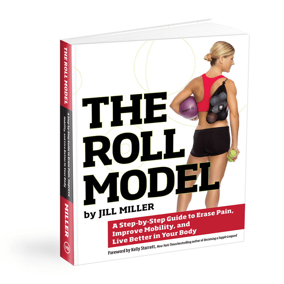 [PHOTO] Book Cover of The Roll Model by Jill Miller Woman stands with Roll Model Therapy Balls in travel tote.