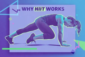 Image of woman performing mountain climbers as a HIIT exercise with the title "Why HIIT Works"