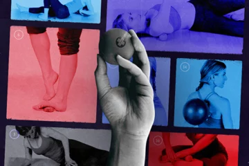 A hand grips a ball while a woman practices yoga, showcasing balance and focus in a serene environment.