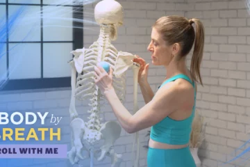A woman holds a skeleton, accompanied by the phrase "Body by Breath, Roll with Me," conveying a message of vitality and connection.