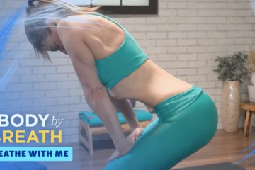 A woman is shown in a yoga or stretching position, likely a forward fold.