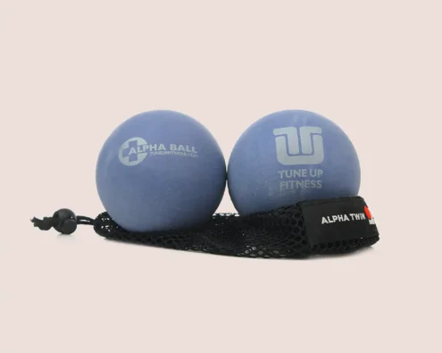 Alpha Twins Tune Up Fitness Alpha Twin therapy ball pair in blue with carry sling, designed for deep self-massage, mobility, and muscle recovery.