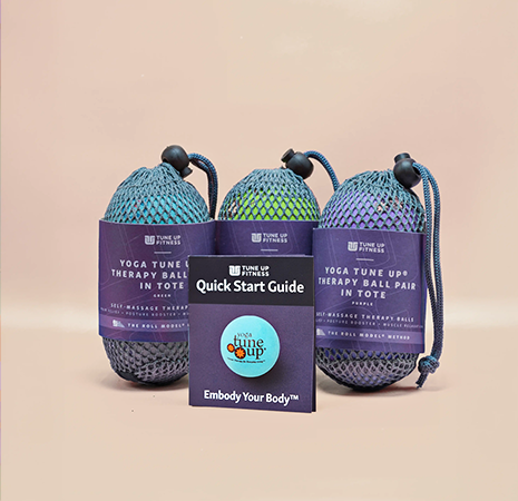 Featured Product Section Image #4 Three Tune Up Fitness Yoga Tune Up Therapy Ball Pairs in mesh totes, shown in purple and green, displayed alongside a Tune Up Fitness Quick Start Guide against a neutral background.