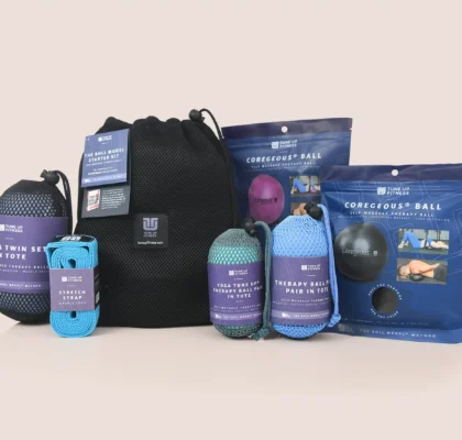 Online Class kit Tune Up Fitness Roll Model Starter Kit featuring therapy balls, carry pouches, and a storage bag for self-massage, mobility, and recovery.