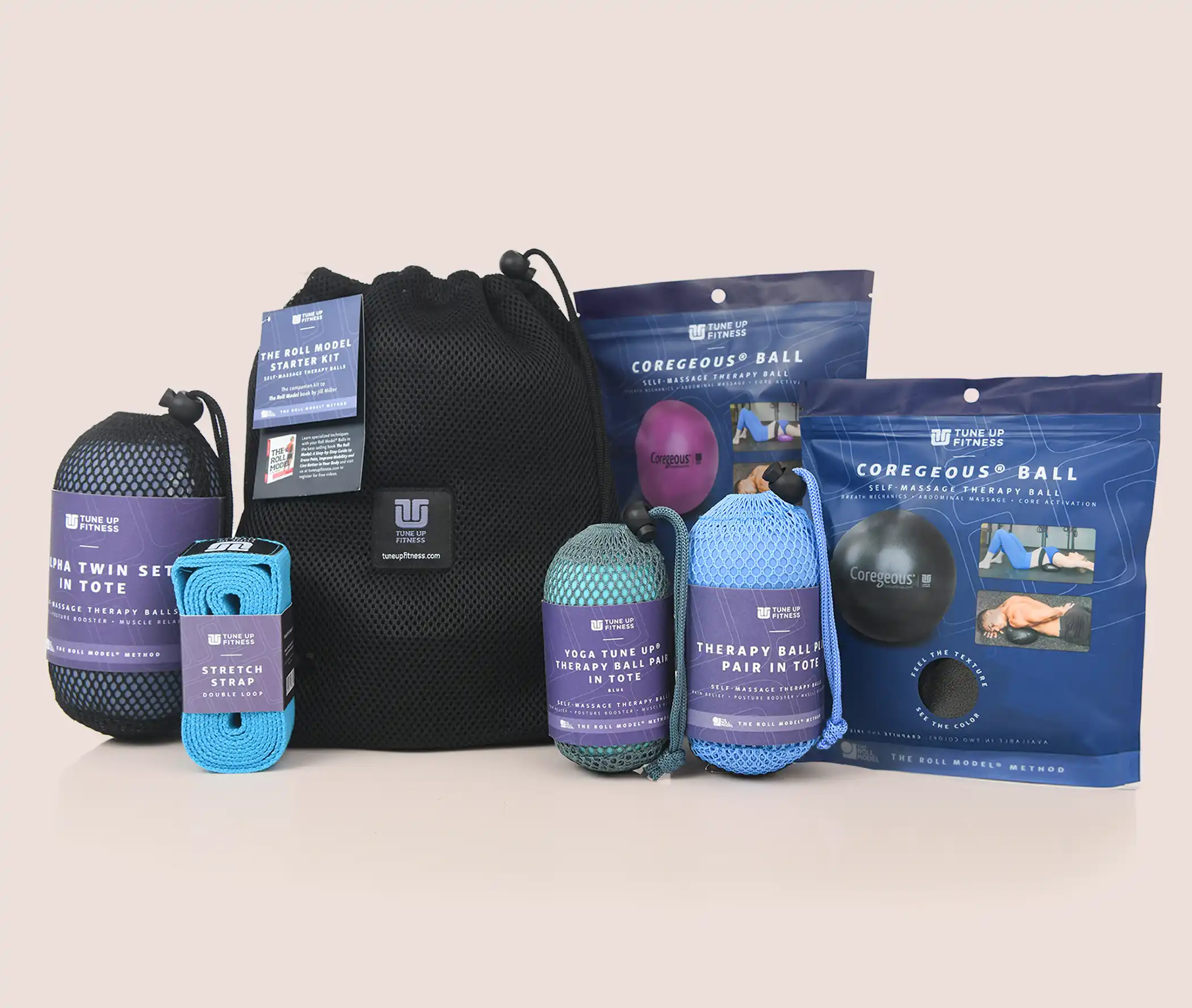 Online Class kit Tune Up Fitness Roll Model Starter Kit featuring therapy balls, carry pouches, and a storage bag for self-massage, mobility, and recovery.