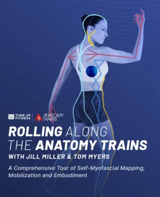 RATAT Course Image Rolling Along the Anatomy Trains course cover featuring a female figure with myofascial lines illustrated, highlighting self-myofascial mapping and movement education with Jill Miller and Tom Myers.