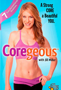 Coregeous-DVD-Cover-copy-2 Coregeous cover featuring a woman in pink activewear, with text promoting a strong core and seven transformational routines.