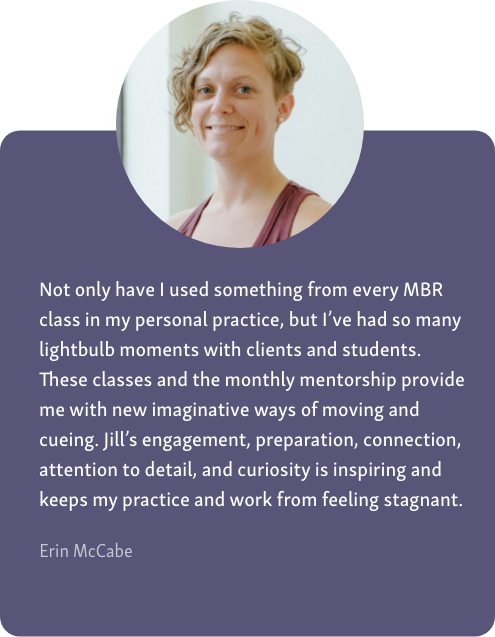 Group-18 Testimonial graphic featuring a woman’s headshot and a quote from Erin McCabe about MBR classes, mentorship, movement, cueing, and professional growth.