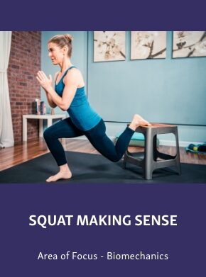 Group-2505-2 Woman performing a chair-supported split squat on a course graphic titled “Squat Making Sense,” with “Area of Focus - Biomechanics” below.