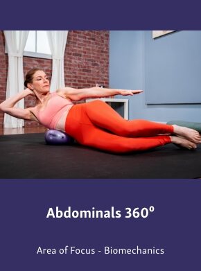Group-2510-1 Course graphic showing a woman performing a side-lying abdominal exercise on a purple therapy ball, titled “Abdominals 360°,” with “Area of Focus - Biomechanics” below.