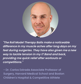 TUF_formatS_slider1 Testimonial graphic featuring a man’s headshot and a quote about Roll Model Therapy Balls helping with muscle aches, IT band tension, back relief, and post-workout recovery.