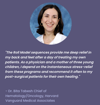 TUF_formats_slider2 Testimonial graphic featuring a woman’s headshot and a quote about Roll Model sequences providing relief, stress support, and healing benefits for patients.