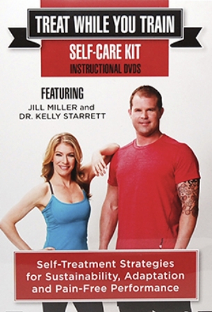 TWYT-copy-1 Treat While You Train Self-Care Kit instructional DVD cover featuring two fitness instructors and text about self-treatment strategies for pain-free performance.