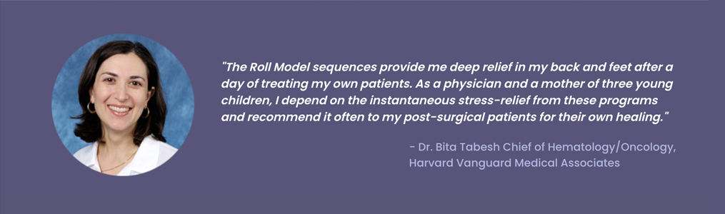 our-formats-desktop-_slider-3 Testimonial banner featuring a woman’s headshot and a quote about Roll Model sequences helping with back and foot relief, stress support, and post-surgical healing.