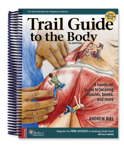 Book cover of Trail Guide to the Body, showing anatomy illustration for muscle and palpation study.