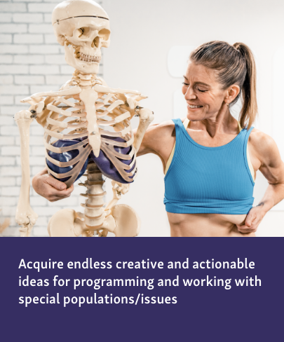 A woman is positioned on the right, with her hands near her midsection, while a skeleton is positioned on the left.